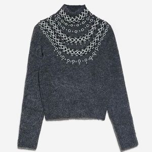 ZARA Gray Knit Sweater with Beading NWOT